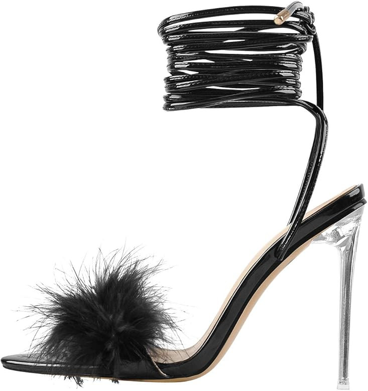 Richealnana Women's Fluffy Feather Pointed Toe Clear Heels Sandals | Amazon (US)