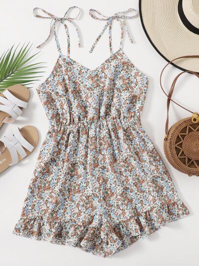 Ditsy Floral Knot Shoulder Ruffle Hem Romper | SHEIN