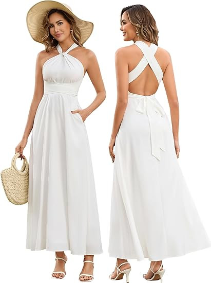 HTZMO Women Summer Floral Maxi Sundress 2026 Halter Back Criss Cross Bow Tie Casual Vacation Long... | Amazon (US)