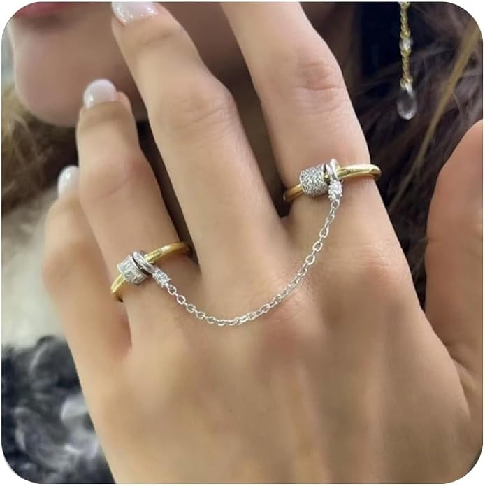 Stackable Rings for Women with Chain, 18K Gold Plated Two Tone Sterling Silver Non-Tarnish CZ Rin... | Amazon (US)