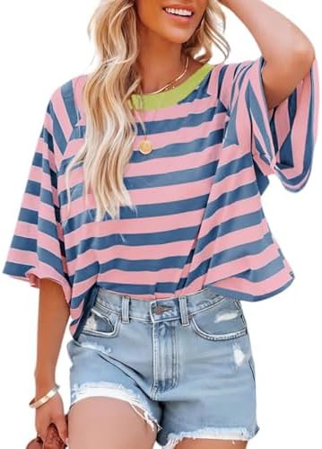 Dokotoo Tops for Women Striped 2026 Fashion T Shirts for Women Color Block Crewneck Design Loose ... | Amazon (US)