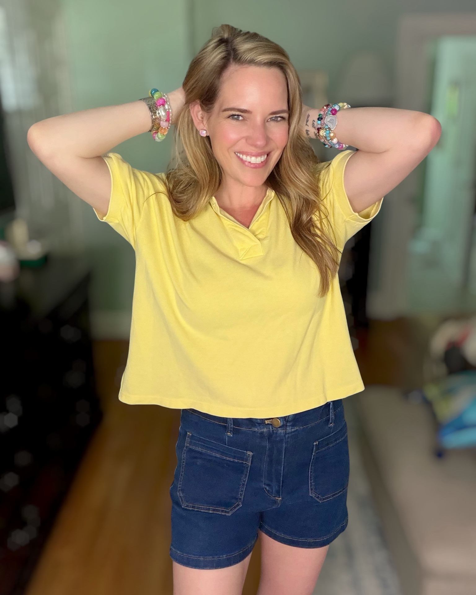 Sunny Day Style in Yellow ☀️💛

This buttery yellow polo top is giving all the happy summer vibes! Paired with dark wash utility shorts, woven huarache sandals, and colorful stacked bracelets, it’s an easy outfit that feels polished while still being comfortable enough for everyday wear. Perfect for errands, weekend brunch, vacations, or casual summer days. 🌼✨

I’m wearing the Holmes boyfriend polo in yellow, dark wash denim shorts, woven huarache flats, and my favorite colorful beaded bracelets for a fun pop of color. The relaxed fit makes this one an effortless throw-on-and-go outfit you’ll reach for all season long. 💛🩵

summer outfit, yellow polo top, dark wash denim shorts, huarache sandals, casual chic style, colorful bracelets, vacation outfit, preppy summer style, everyday outfit inspiration, comfortable summer fashion ☀️✨💛

#LTKOver40 #LTKPetite #LTKootd