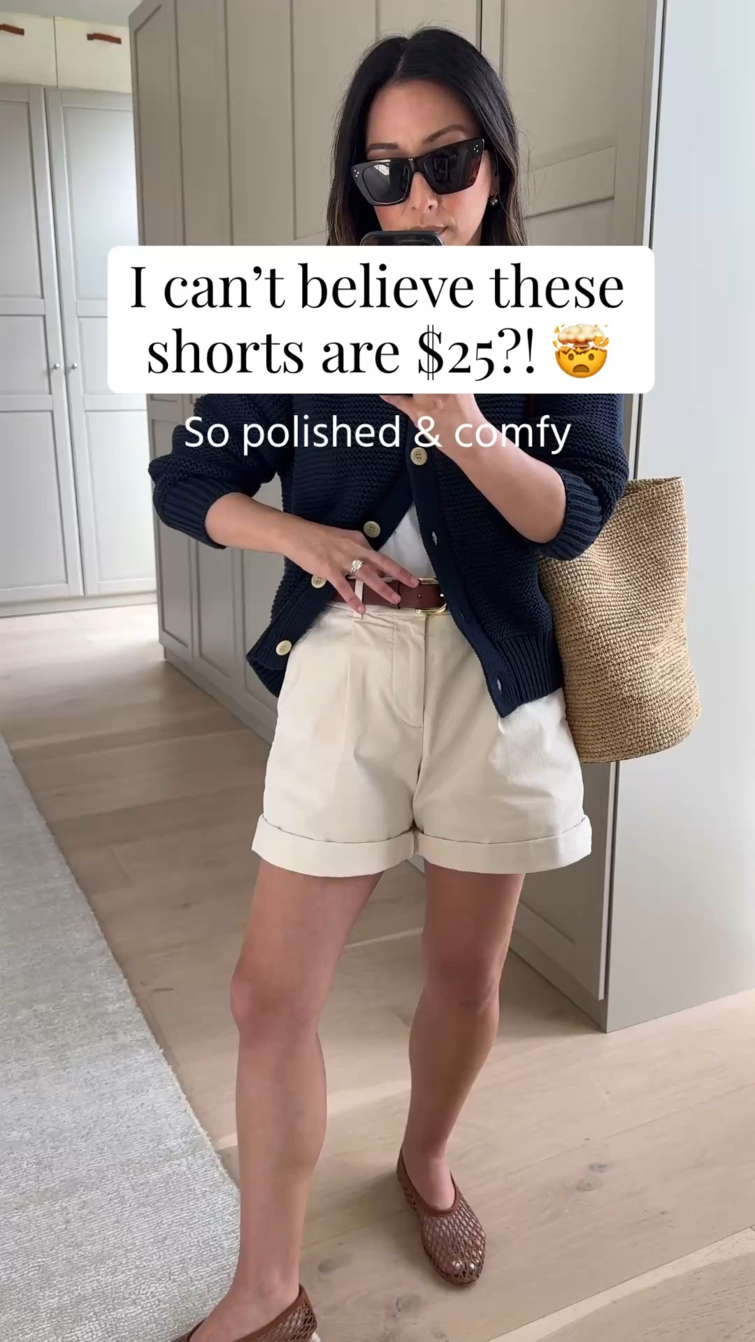 Love these shorts so much! They’re currently on sale. Polished and comfy! They do run big. So size down. 

Alex Mill cardigan small
Everlane box cut tee medium
Everlane shorts 0 
J.crew belt xs
Staud flats 35
J.crew bucket bag
Celine sunglasses 
Electric picks earrings 
Dorsey James necklace 15"

Petite style, spring outfits 2026, shorts 

#LTKPetite #LTKmomlife #LTKootd