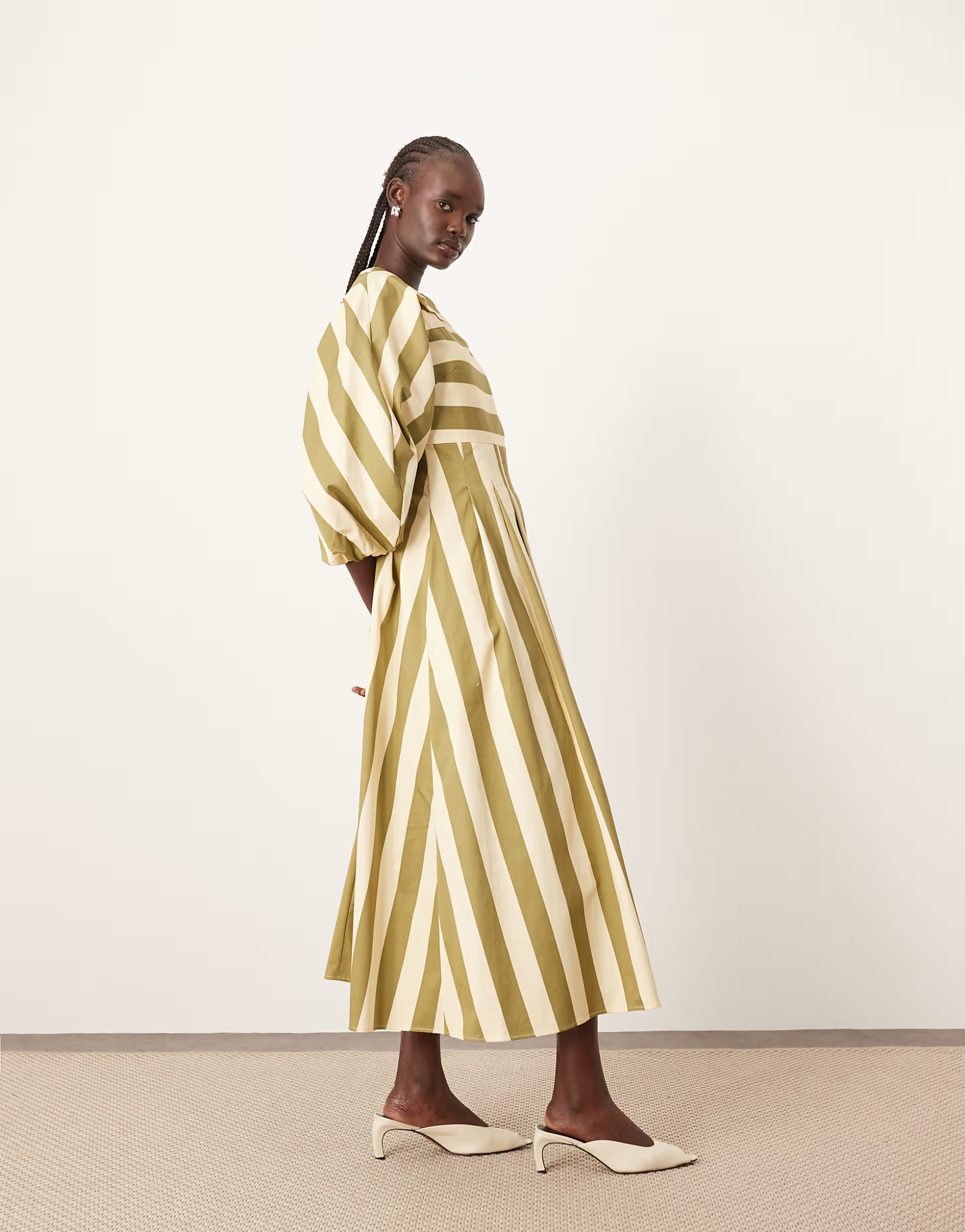 ARRANGE full midi dress with pleat detail in olive stripe | ASOS | ASOS (Global)