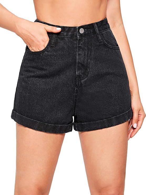 Milumia Women's Casual Mid Waist Rolled Hem Denim Jean Shorts with Pockets Black Small at Amazon ... | Amazon (US)