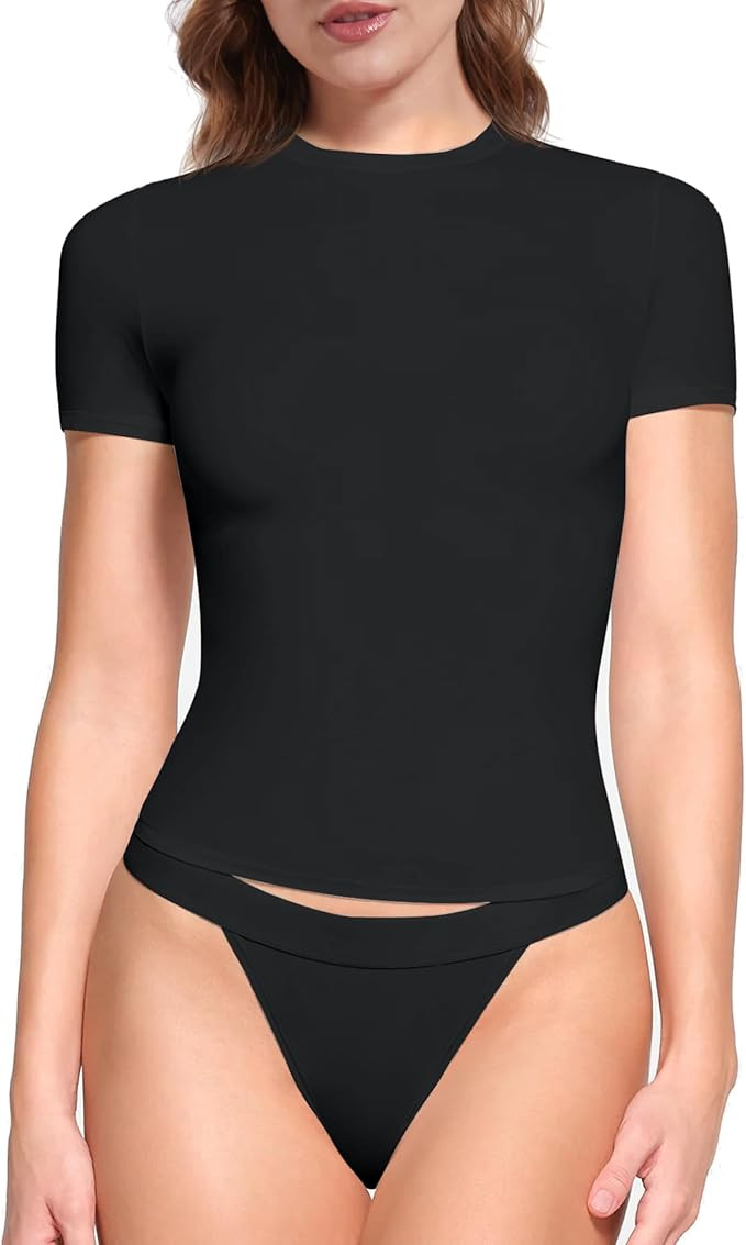 SHAPERX Women's Basic T-Shirts Crew Neck Short Sleeve Double Lined Summer Tops Slim Fit Tees | Amazon (US)