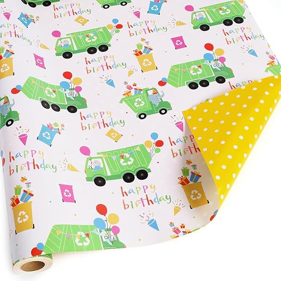 LaRibbons Reversible Birthday Wrapping Paper Roll, 17 Inch x 33 Feet, Garbage Truck and Polka Dot... | Amazon (CA)