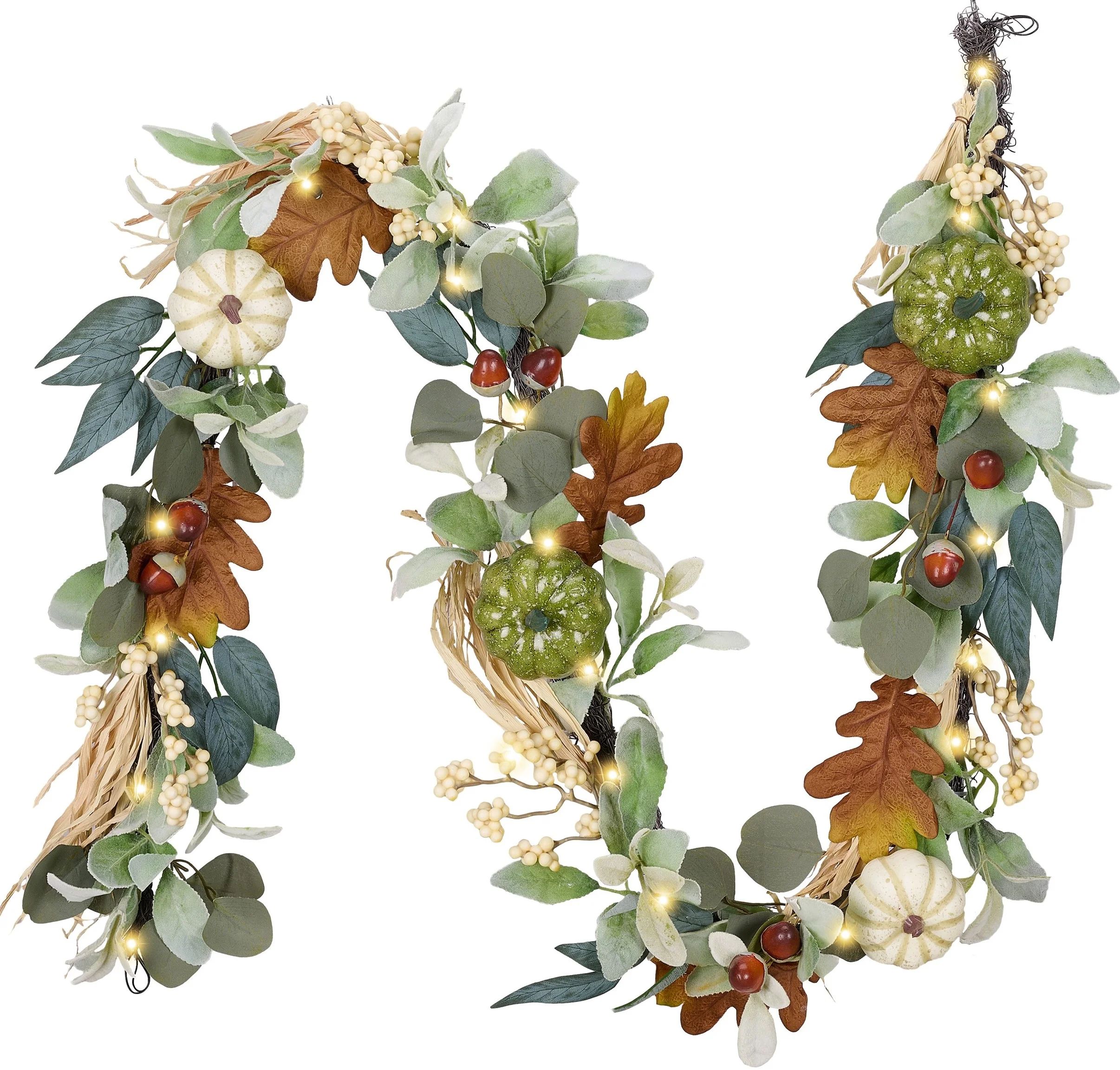 Valery Madelyn 6 Ft Pre-Lit Fall Garland, Lighted Harvest Garland with White and Green Pumpkin fo... | Walmart (US)