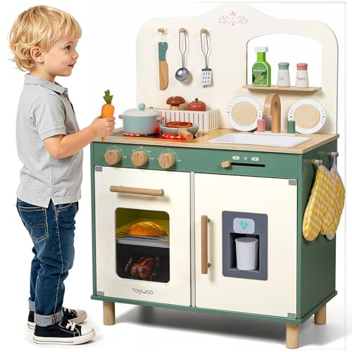 Kids Play Kitchen Toddler Kitchen Playset with Play Food Set Pretend Cooking Set with Sink, Stove, Microwave Wooden Toys Kitchen Gift for Girls and Boys | Amazon (US)