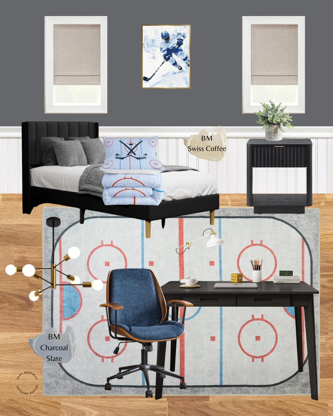 Hockey-inspired teen/student bedroom. Affordable hockey rug, black desk and nightstand, black twin bed, hockey bedding from Walmart. #homedecor #bedroom

#LTKKids #LTKSaleAlert #LTKHome