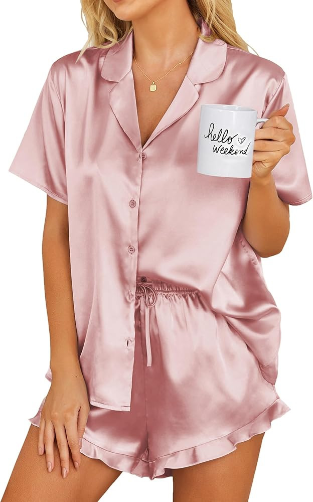 Ekouaer Womens Satin Pajamas Set Button Down 2 Piece Silk Pjs Shorts Set Ruffle Lingerie Notch Co... | Amazon (US)