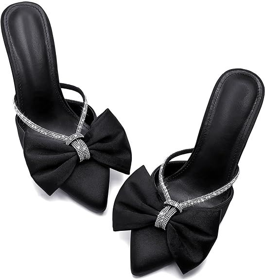 Coutgo Womens Bow Heels Mules Pointed Closed Toe Sandals Rhinestone Satin Backless Wedding Shoes | Amazon (US)