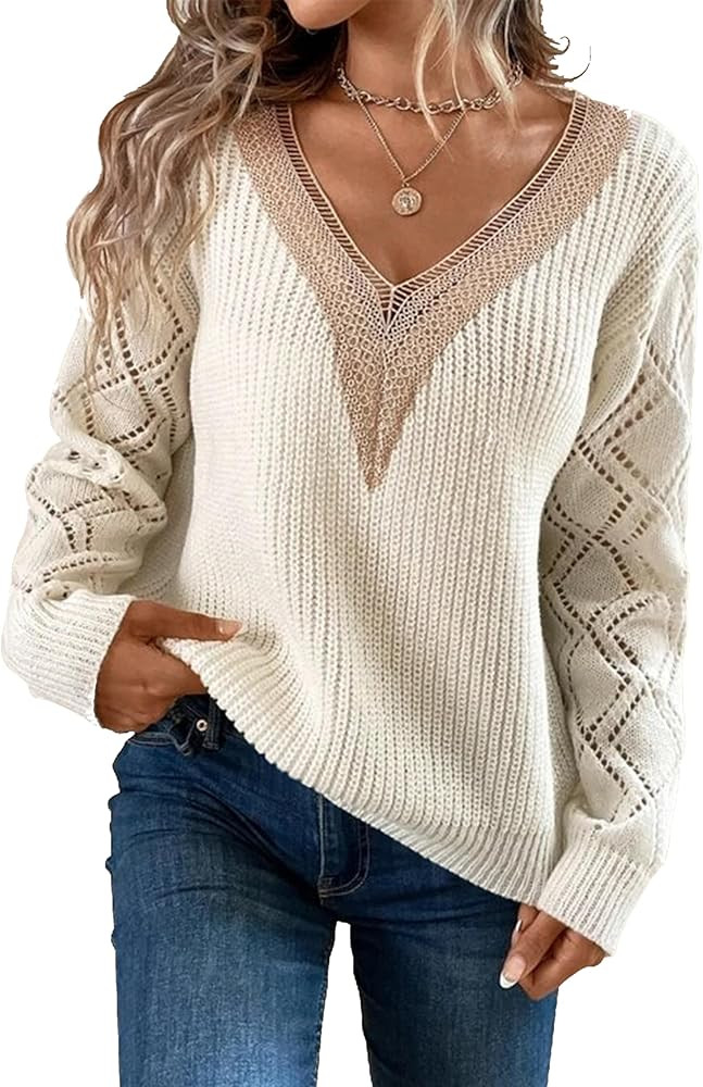 WIHOLL Womens Sweaters Lace V Neck Pullover Sweaters Loose Long Sleeve Tops | Amazon (US)