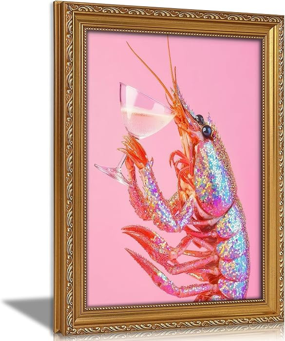 Vintage Gold Framed Bar Wall Art, Funny Pink Lobster With Martini Cocktail Canvas Print, Trendy S... | Amazon (US)