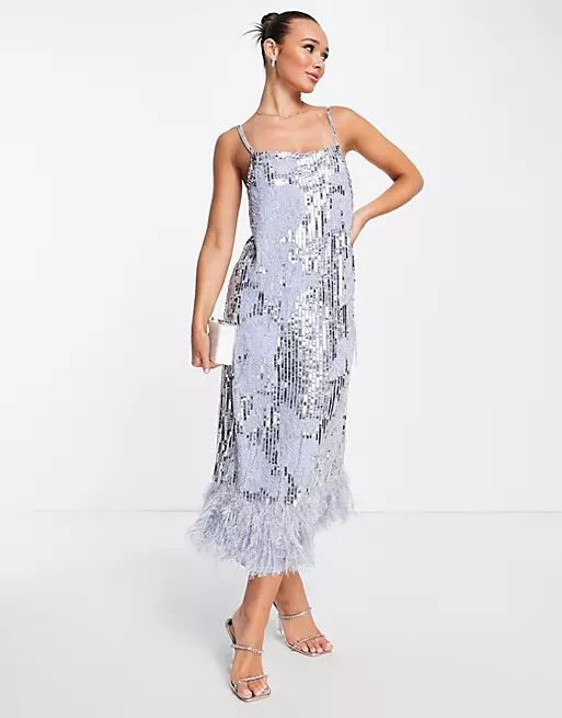 ASOS EDITION floral sequin and bead midi dress with feather hem in violet | ASOS (Global)