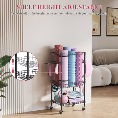 MOEPISY Home Gym Storage Rack with Wheels, Yoga Mat Storage Organizer, Space Saving 3-Tier Weight Rack Black | Target