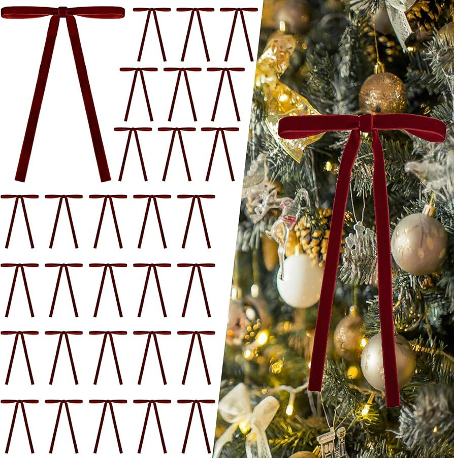 Burgundy Bows, 30 Pcs Velvet Christmas Tree Bows Ornaments, 5" x 7" Vintage Rustic Burgundy Velve... | Amazon (US)