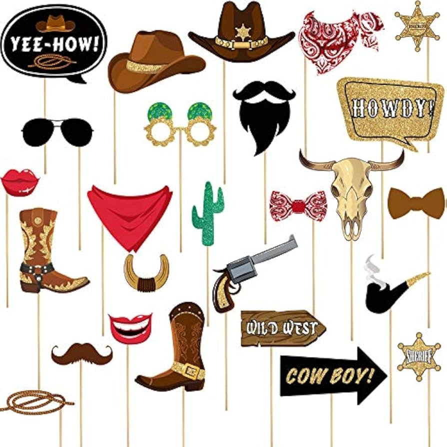 Blulu 26 Pieces West Cowboy Photo Booth Props Kit, Cowgirl Western Party Decorations Selfie Props... | Amazon (US)