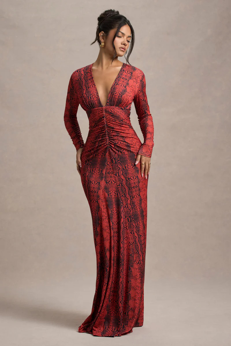 Mamba | Red Snake Print Plunge-Neck Long-Sleeve Maxi Dress | Club L London