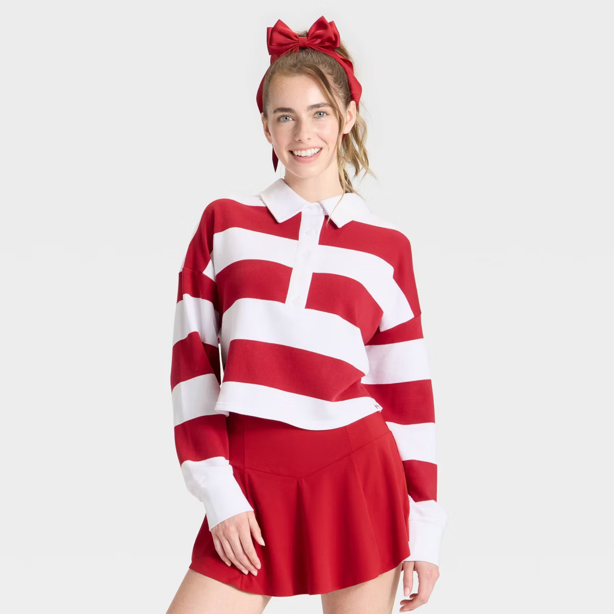Women's Game Day Striped Cropped Long Sleeve Polo T-Shirt - JoyLab™ | Target