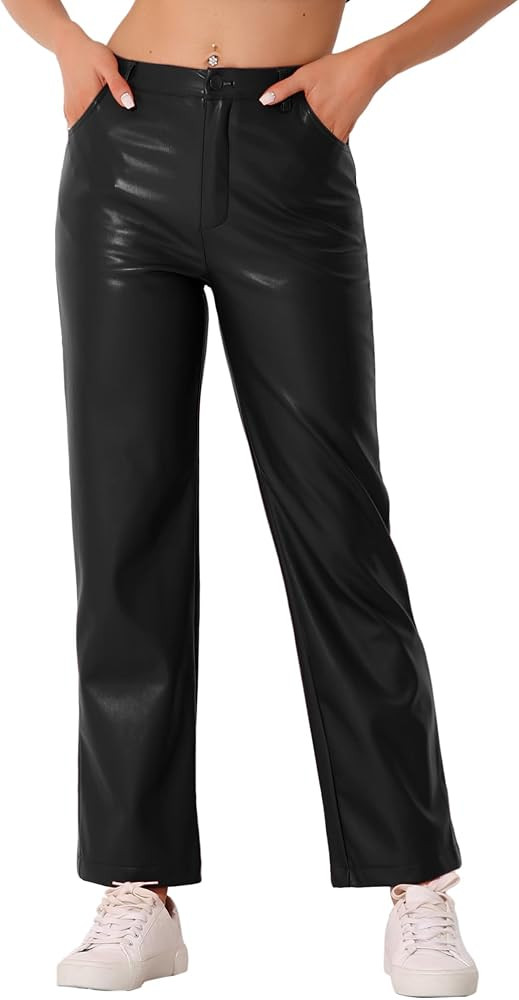 Allegra K Faux Leather Pants for Women's High Waist Straight Leg Punk PU Trousers | Amazon (US)