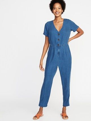 Chambray V-Neck Button-Front Jumpsuit for Women | Old Navy US