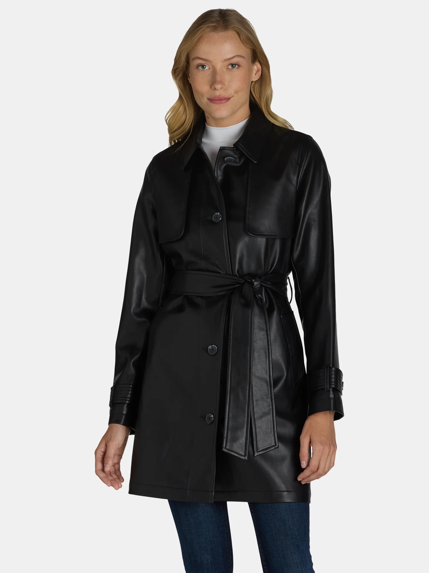 Time and Tru Women's and Women's Plus Faux Leather Trench Coat, Sizes XS-3X | Walmart (US)