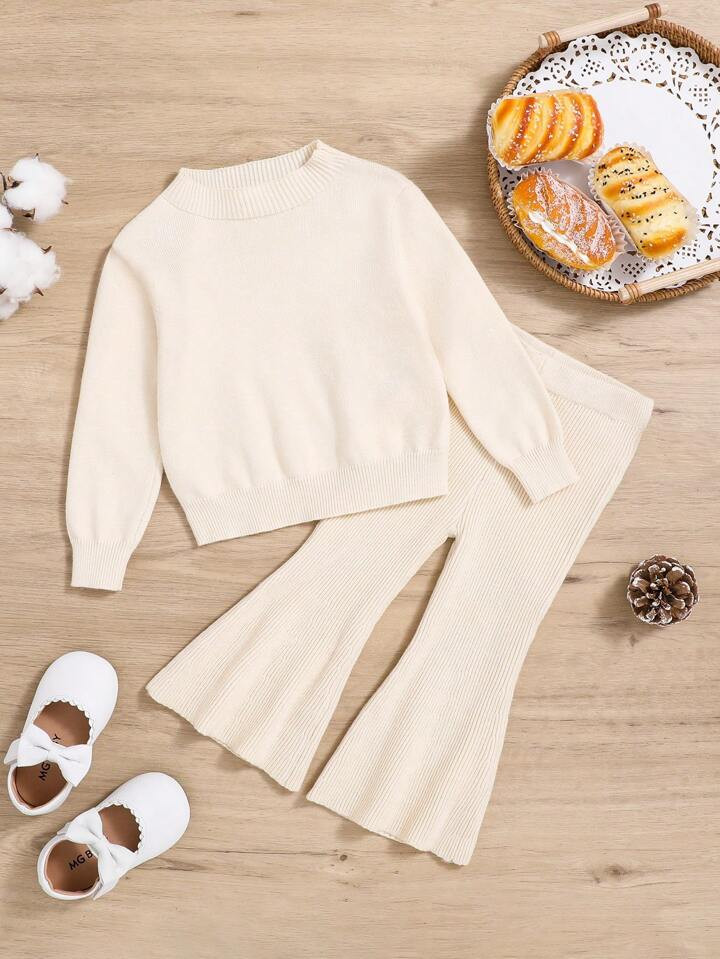 SHEIN Baby Girl Casual Long Sleeve Round Neck Pullover Sweater And Long Pants Two Piece Set | SHEIN