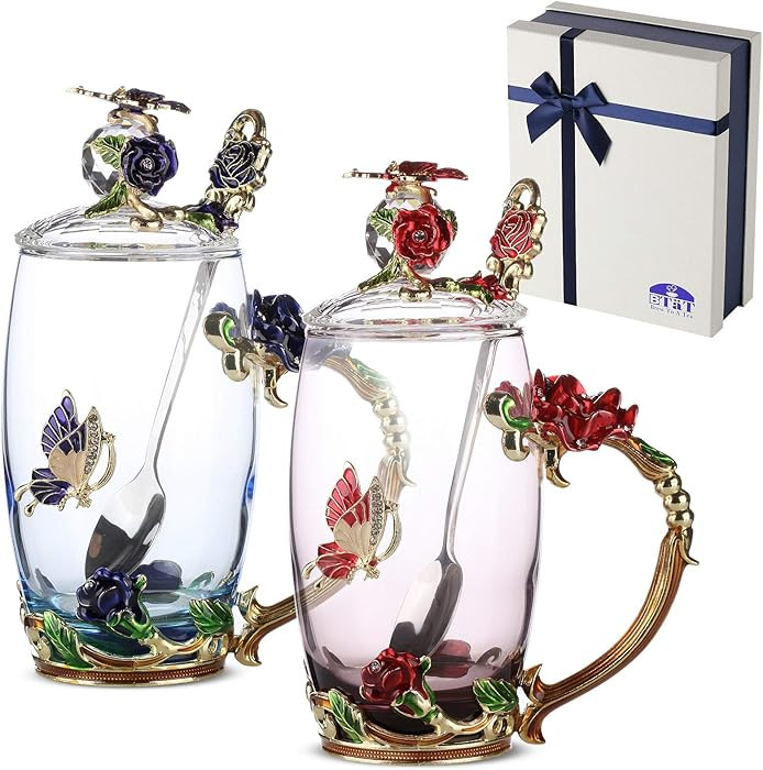 BTaT- Floral Glass Tea Cups with Lids, Pack of 2, Flower Tea Cups, Flower Glass Mug, Christmas Gi... | Amazon (US)