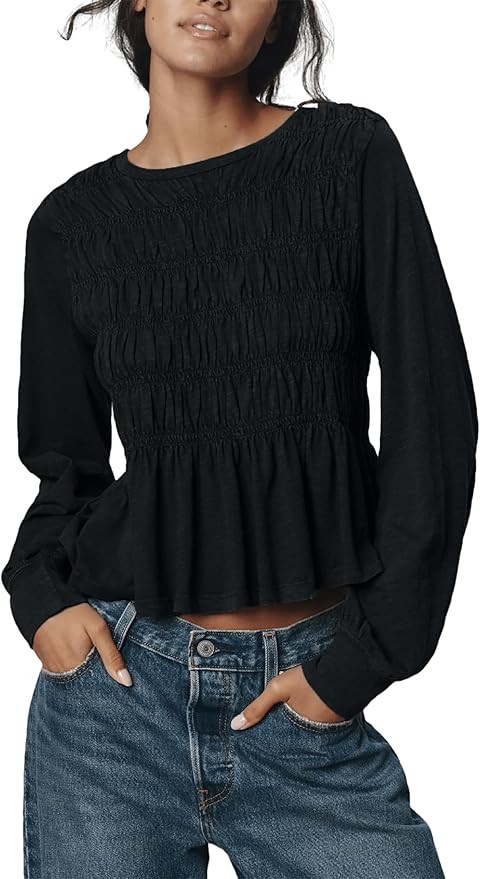 OPCAKM Womens Smocked Shirred Peplum Blouse Long Sleeve Crew Neck Ruffle Babydoll Tunic Chic Slim... | Amazon (US)