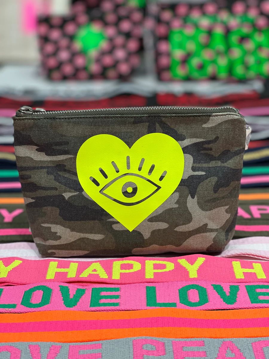 Makeup Bag Green Camo with Neon Yellow Evil Eye in Heart | Quilted Koala
