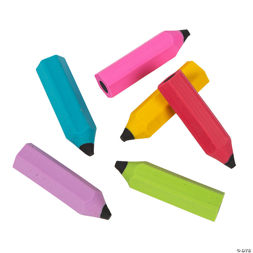 2 1/2" Bulk 48 Pc. Pencil-Shaped Bright Solid Color Rubber Erasers | Oriental Trading Company