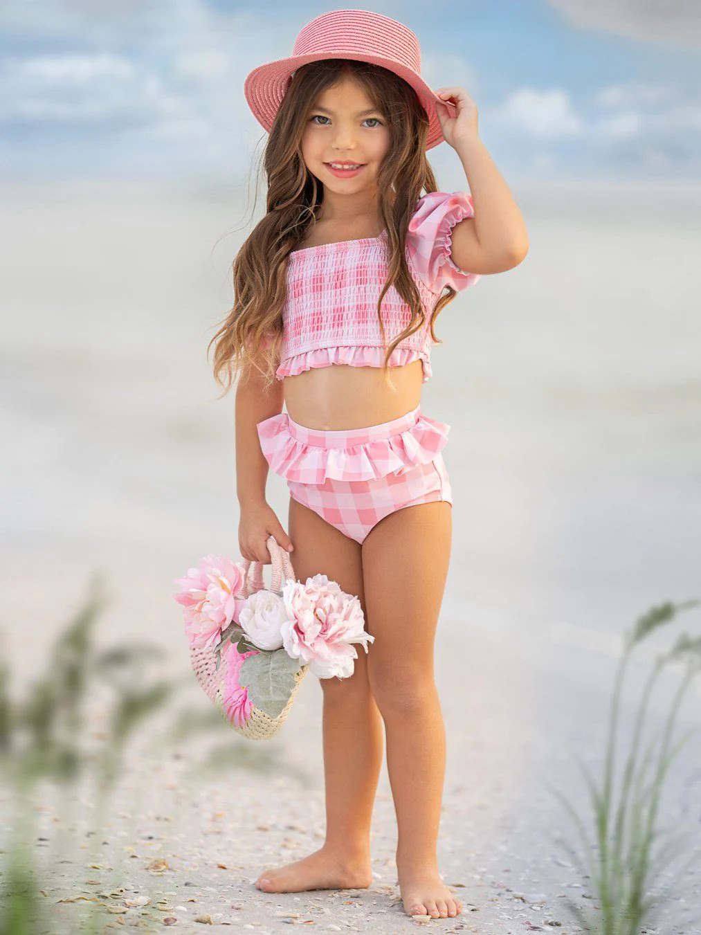 Perfect Pink Gingham Puff Sleeve Two Piece Swimsuit | Mia Belle Girls