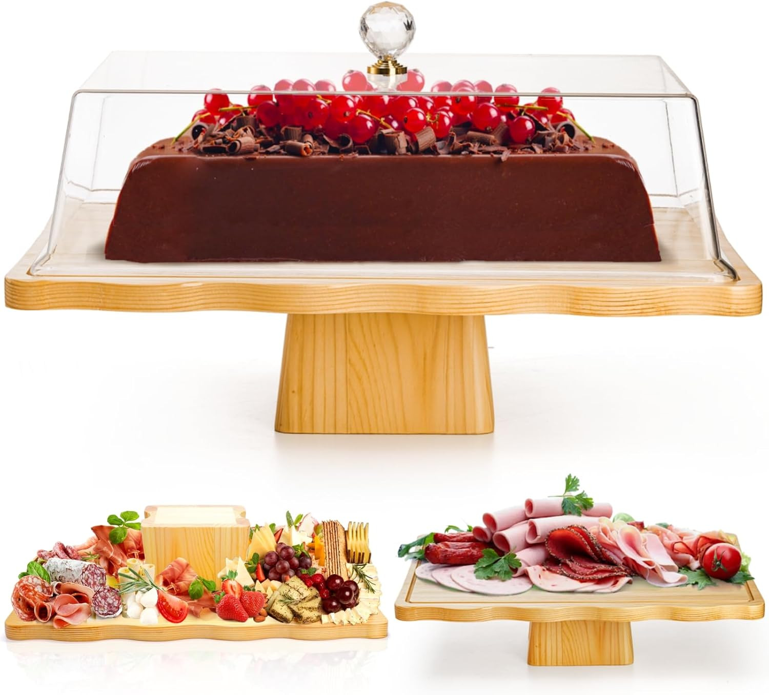 Wood Cake Stand with Lid, 2-in-1 Multifunctional Serving Platter, Rectangular Cake Holder with Ac... | Amazon (US)