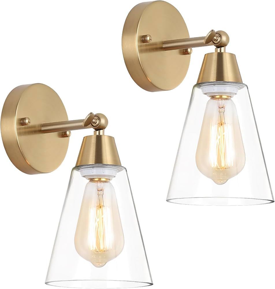 MWZ Gold Wall Sconce Set of 2,Modern Brushed Brass Sconces Lighting with Clear Glass Shade,Bathro... | Amazon (US)