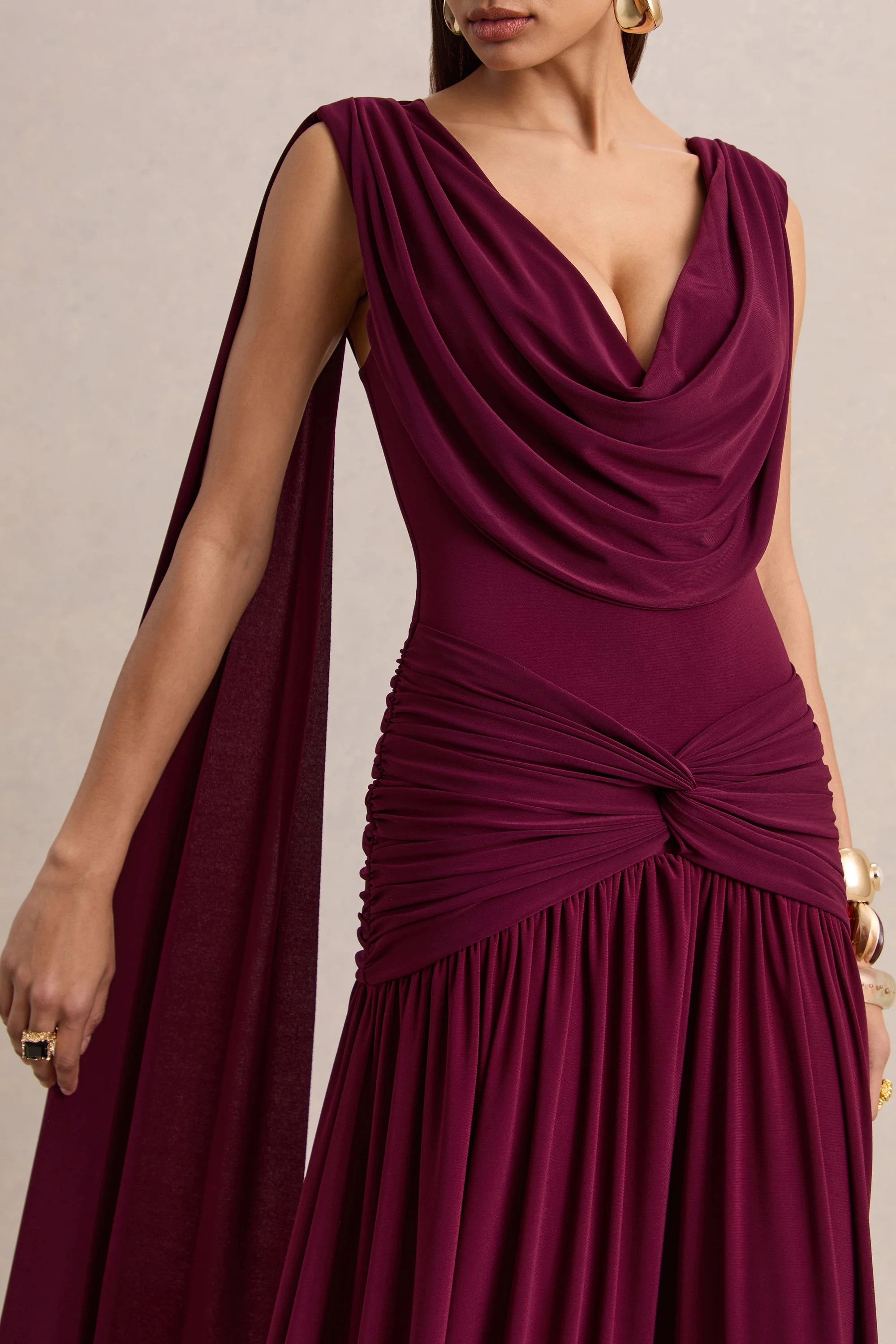 Amelisse | Burgundy Plunge-Neck Maxi Dress With Ruched-Detailing | Club L London