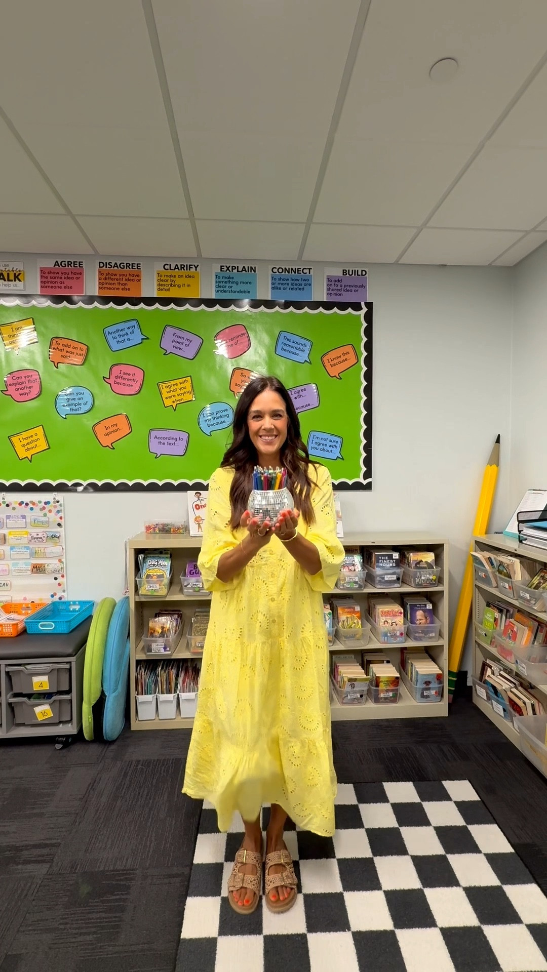 Yellow teacher dress + disco ball pen holder! 