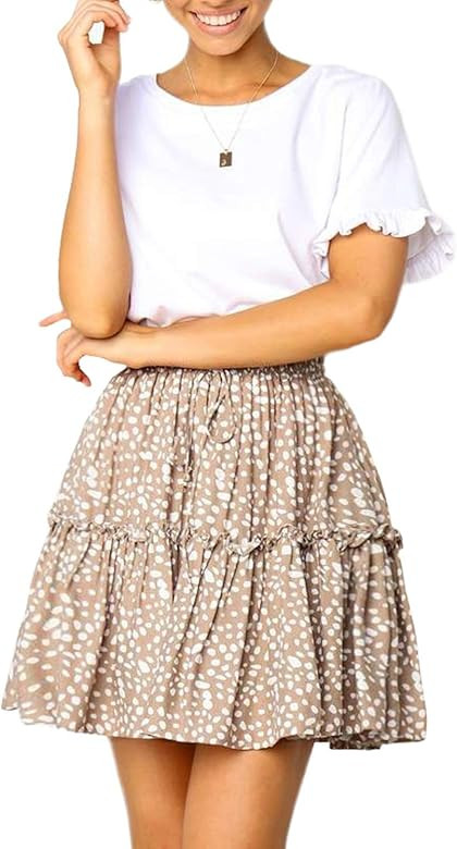 Womens Fashion Ruffle Skirt Boho Cute High Waist Casual Beach Short Mini Skirt | Amazon (US)
