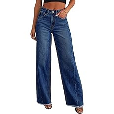 Sidefeel Women's Wide Leg Jeans High Waisted Stretchy Raw Hem Zimbaplatinum Denim Pants | Amazon (US)