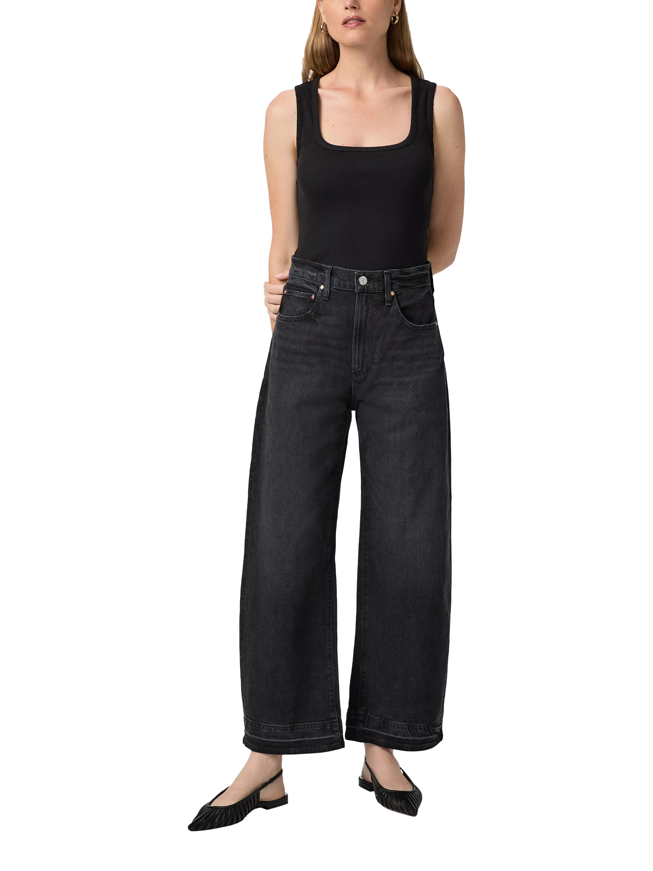 PAIGE Arellia High Rise Barrel Leg Jeans, Black Void | John Lewis (UK)