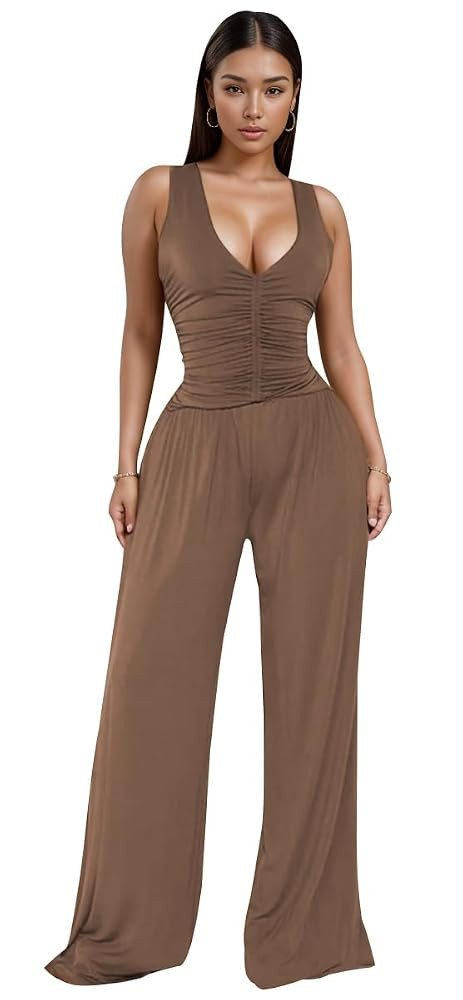 Jumpsuits for Women Casual Strapless Strap Sexy V Neck Ruched High Waist Wide Leg Overalls with P... | Amazon (US)