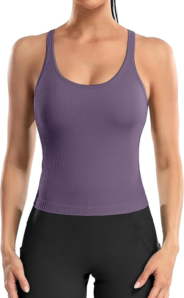 ATTRACO Women Ribbed Workout Crop Tops with Built in Bra Yoga Racerback Tank Top Tight Fit | Amazon (US)