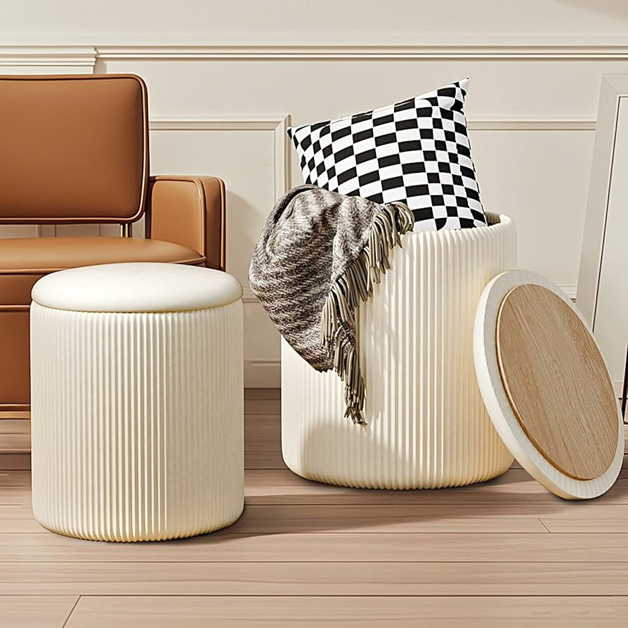 Waleaf Round Ottoman with Storage Set of 2, Beige Upholstered Velvet Vanity Stool, Multifunctiona... | Amazon (US)