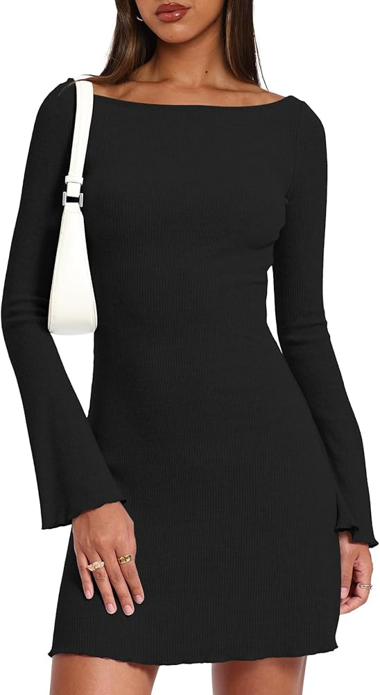 Darong Women's Long Sleeve Boat Neck Mini Dress Ribbed Knit Casual Bodycon A-Line Short Dresses F... | Amazon (US)