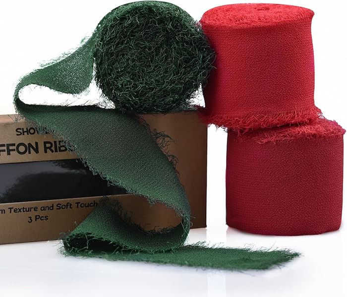 3 Rolls Christmas Handmade Fringe Chiffon Ribbon 1.5 Inch x 7 Yard Silk-Like Colorful Rustic Ribb... | Amazon (US)
