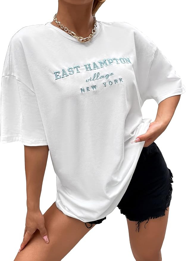 Cozyease Women's Letter Print Oversized Round Neck Short Sleeve Casual T Shirt Top | Amazon (US)