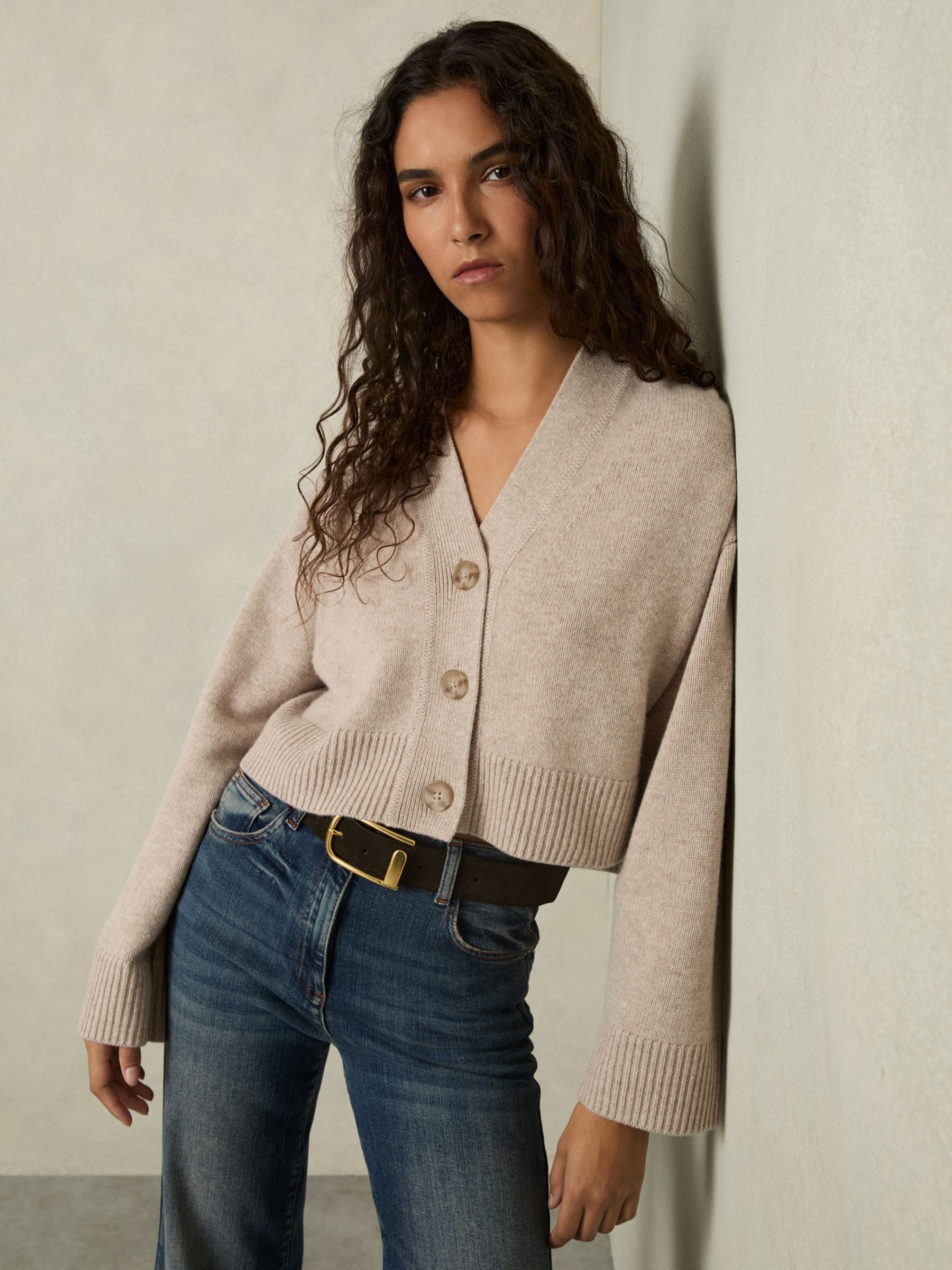 Wool-Cashmere Cropped Cardigan in Oatmeal | Reiss UK