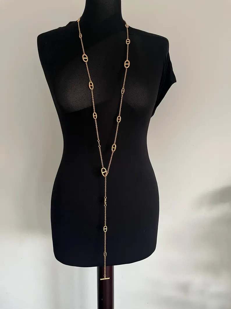 Long Gold Chain Necklace – Oval Link Design, Bar Drop | Etsy (US)