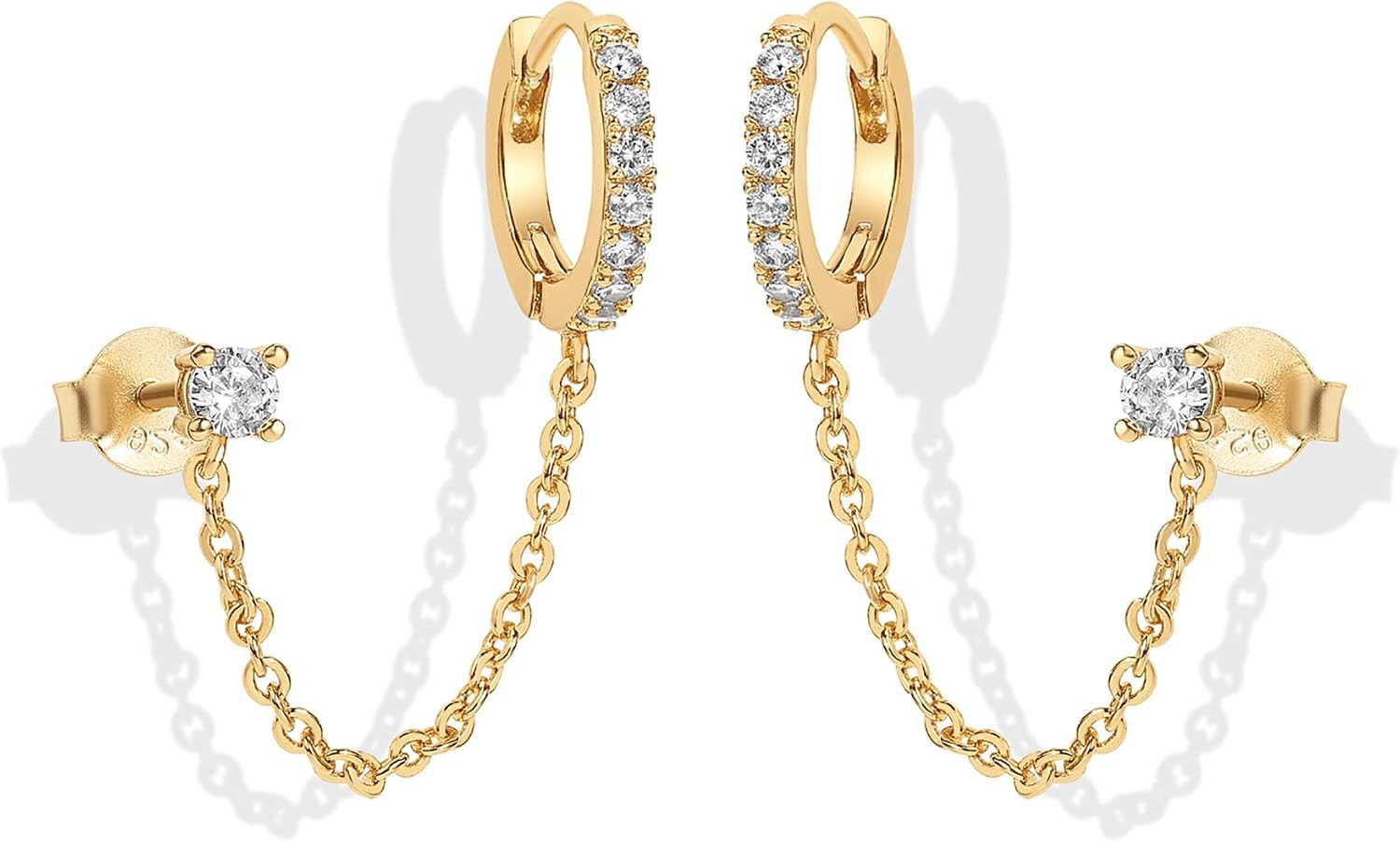 PAVOI 14K Gold Chain Earrings for Women | Double Piercing Dangle Chain Huggie Hoop Earrings | Cubic Zirconia Pearl Stud Ear Earrings for Women | Amazon (US)