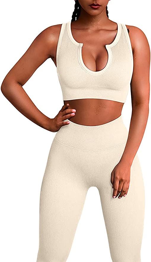 HYZ Women's Seamless 2 Piece Outfits Gym Crop Top Sets High Waist Bodycon Stretch Sports Legging | Amazon (US)